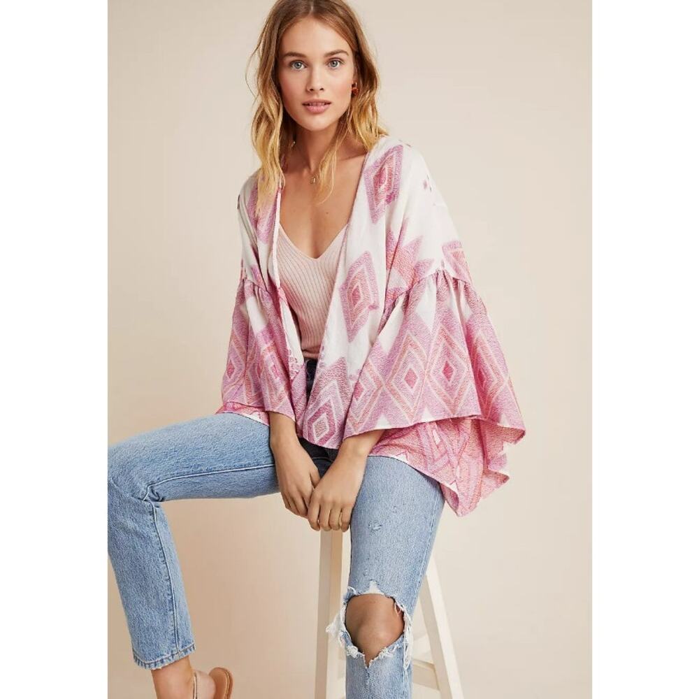 Anthropologie Jacinda Cropped Cardigan Women OS Pink White Kimono Open Front